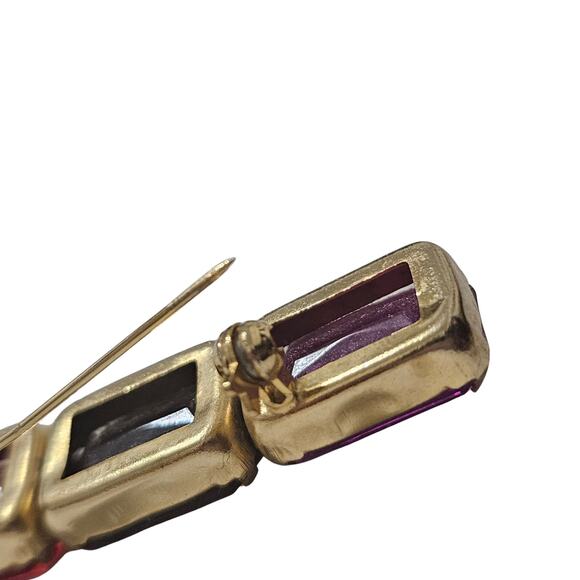 1980s Mod Red Purple Pink Brooch Geometric Rectangle Gold Trim C Clasp Closure - Picture 6 of 8